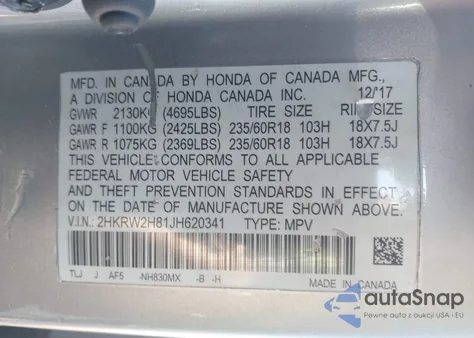 2018 Honda Cr-V Ex-L/Ex-L Navi из США, поврежденный, VIN 2HKRW2H81JH620341